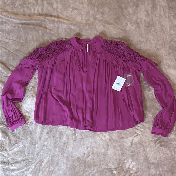 NEW Free People Ruffle Blouse Raspberry (XS) - Picture 2 of 6